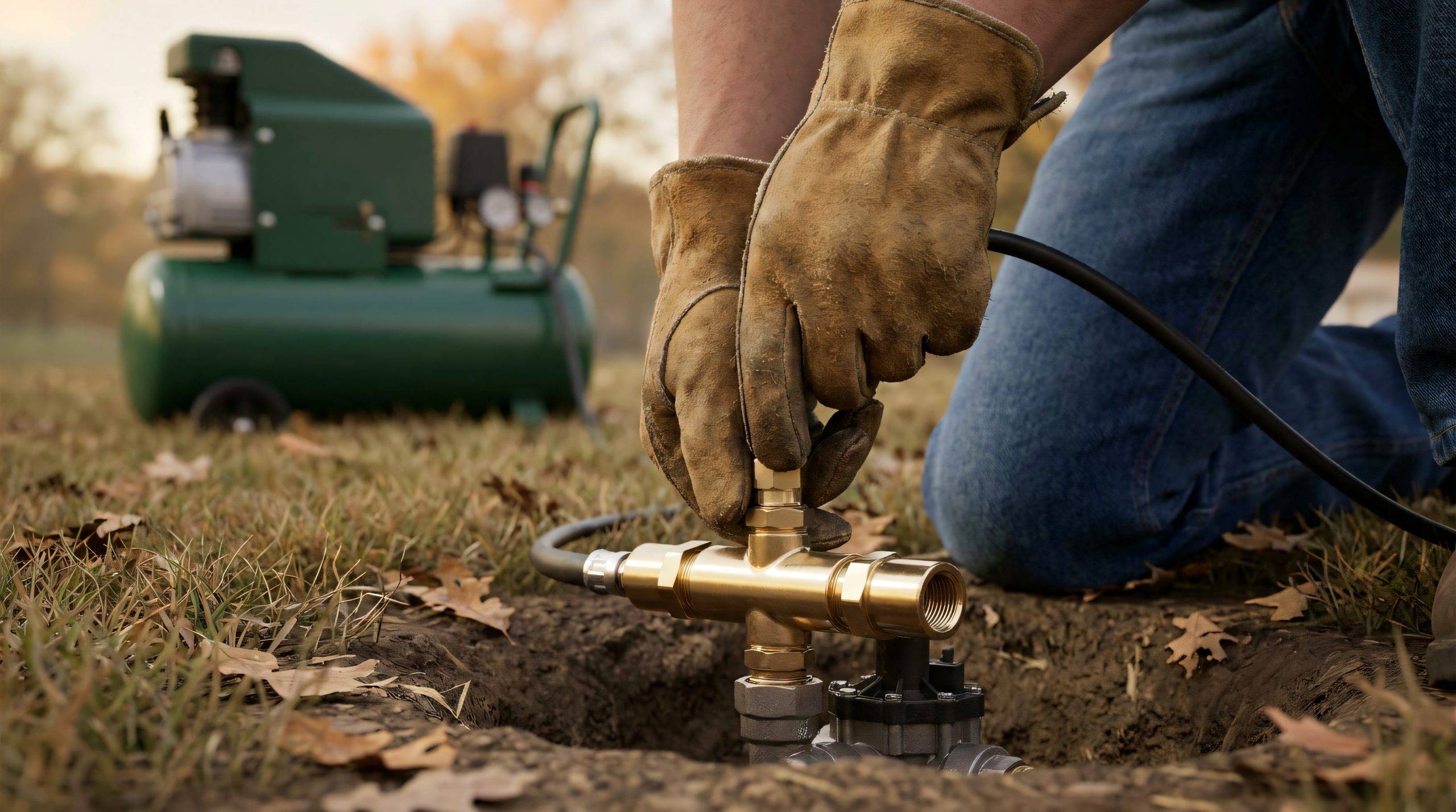 professional sprinkler winterization service | connecting air compressor to irrigation system | blowing out lawn sprinklers for winter | autumn landscape maintenance